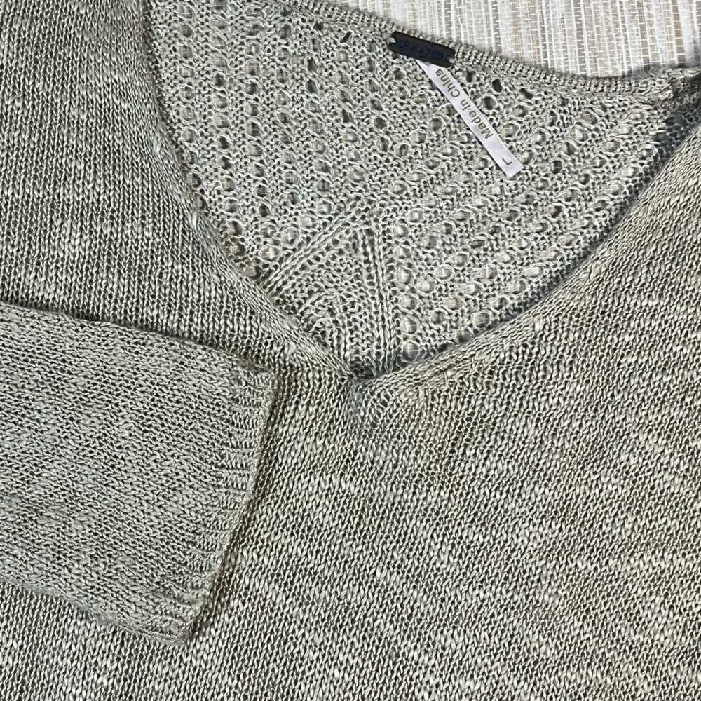 Poof Women Tan Open Knit Pointelle Back V-Neck Sweater Boho Earthy Size Large